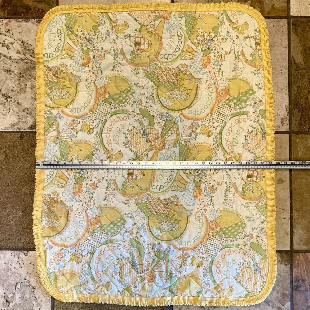 VTG 80s Yellow Baby Blanket Quilt Sears Roebuck & Co Perma-Prest ABC Cat Dog